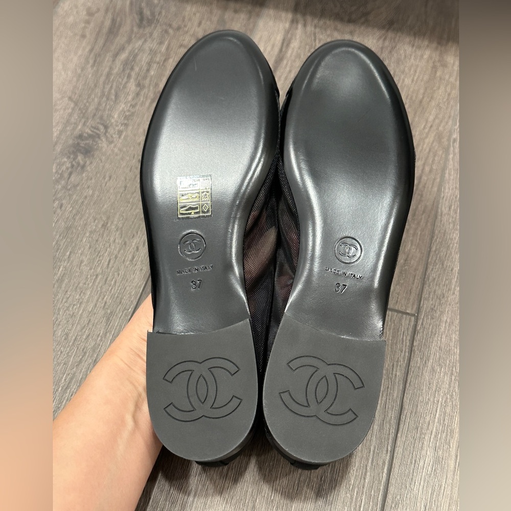 2025 CHANEL BLACK MESH BALLET FLATS BALLERINA SHOES 37 NEW - Picture 9 of 16